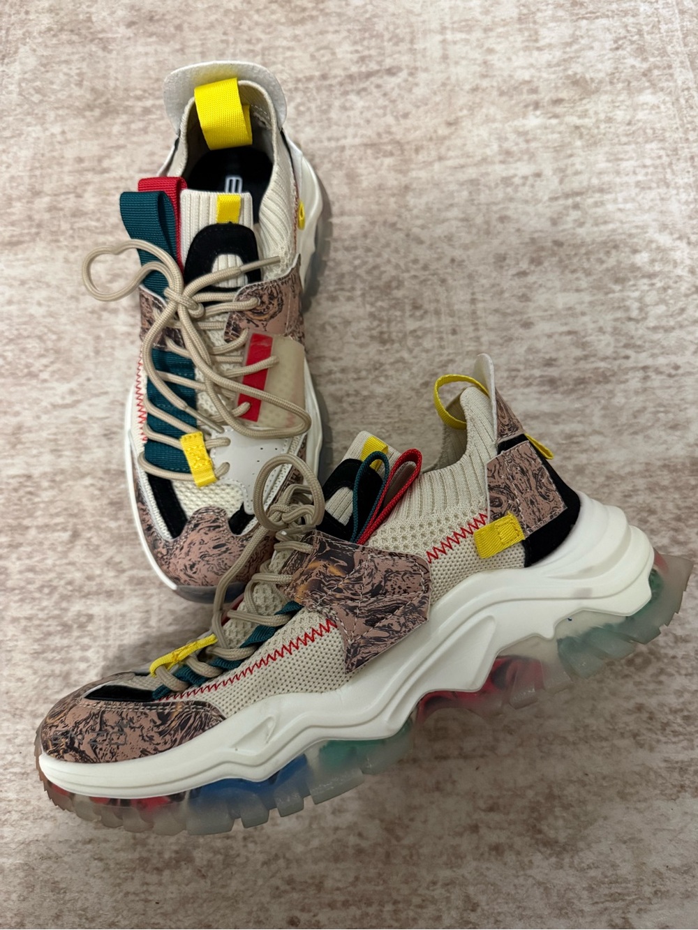 Enzo Chunky Multicolor Athletic Sneakers - Cream, Pink Marble, Yellow Accents